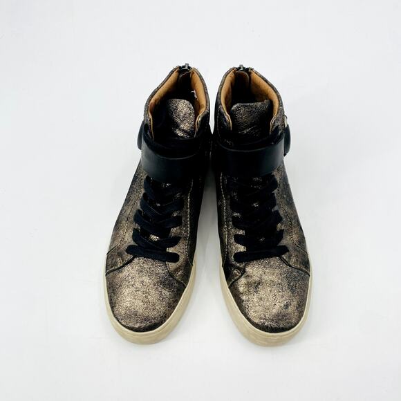 Frye Black Leather Brushed Gold Distressed High Top Sneakers - Picture 6 of 6
